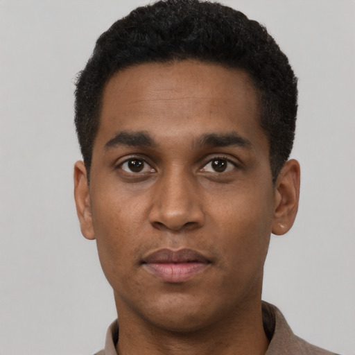 Neutral black young-adult male with short  black hair and brown eyes