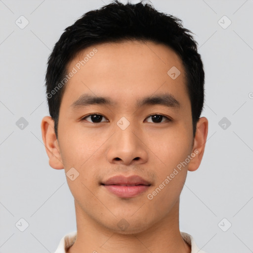 Neutral asian young-adult male with short  black hair and brown eyes