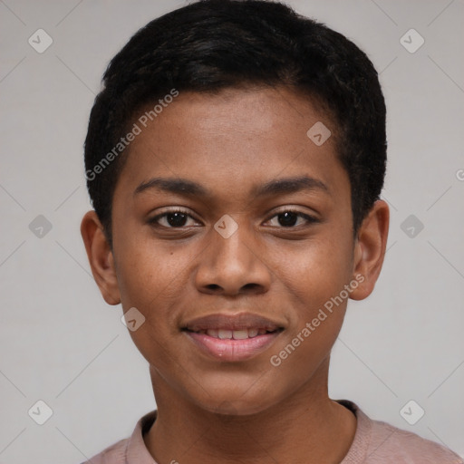 Joyful latino young-adult female with short  black hair and brown eyes