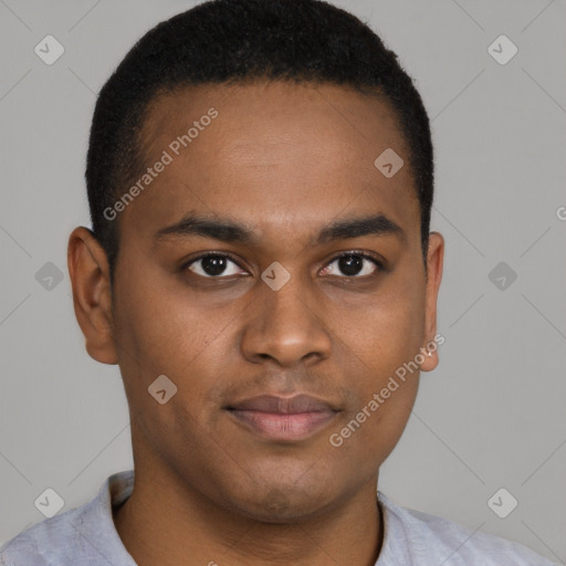 Joyful black young-adult male with short  brown hair and brown eyes