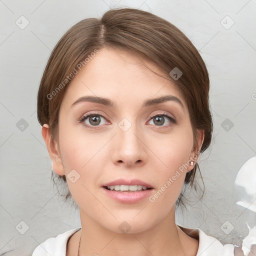 Neutral white young-adult female with medium  brown hair and brown eyes