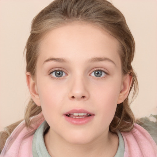 Neutral white child female with medium  brown hair and grey eyes