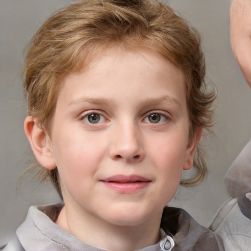 Joyful white child female with medium  brown hair and blue eyes