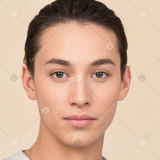 Neutral white young-adult male with short  brown hair and brown eyes