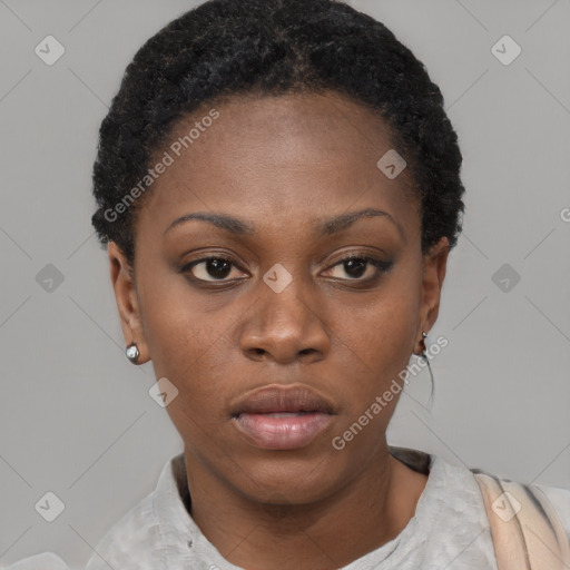 Neutral black young-adult female with short  brown hair and brown eyes