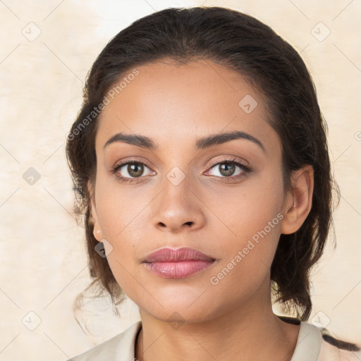 Neutral white young-adult female with medium  brown hair and brown eyes