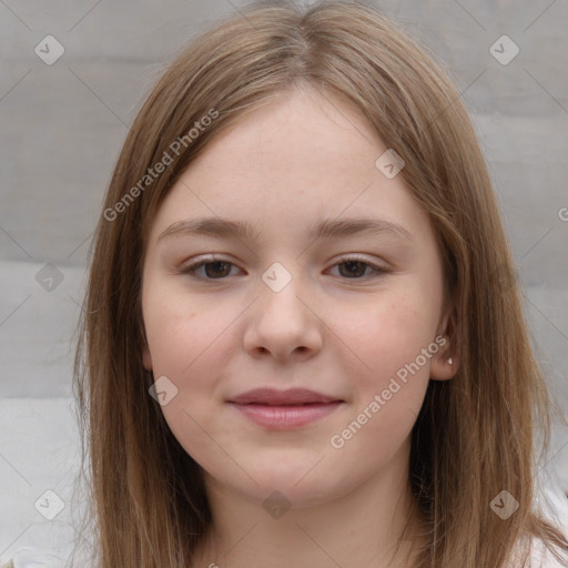 Joyful white child female with medium  brown hair and grey eyes