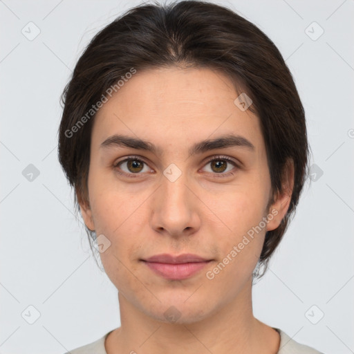 Neutral white young-adult female with short  brown hair and brown eyes