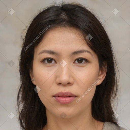 Neutral white young-adult female with medium  brown hair and brown eyes