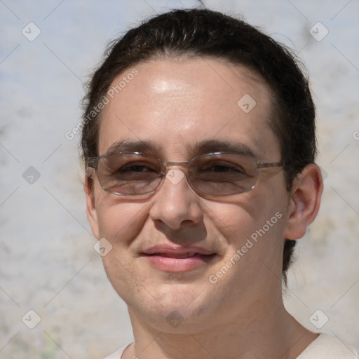 Joyful white adult male with short  brown hair and brown eyes