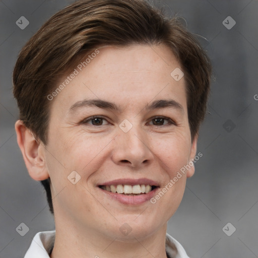 Joyful white adult female with short  brown hair and brown eyes