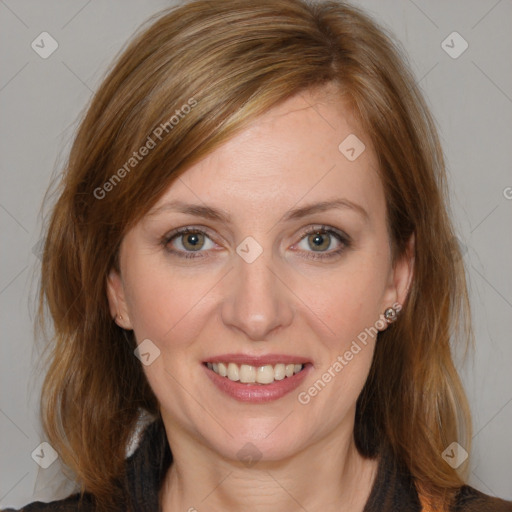 Joyful white young-adult female with medium  brown hair and blue eyes