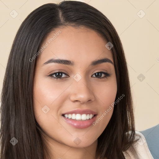 Joyful white young-adult female with long  brown hair and brown eyes