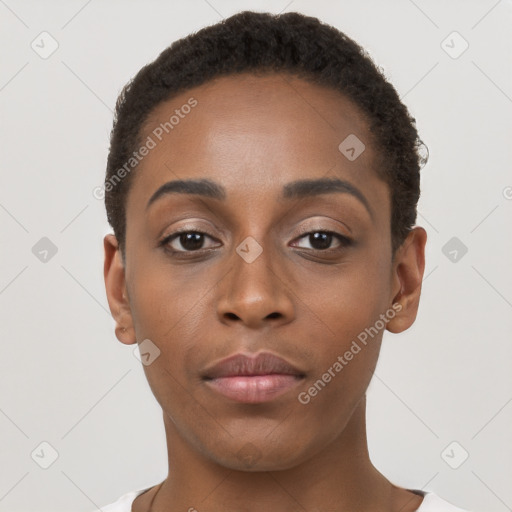 Neutral black young-adult female with short  brown hair and brown eyes