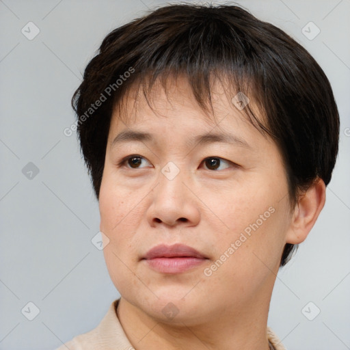 Joyful white adult female with short  brown hair and brown eyes