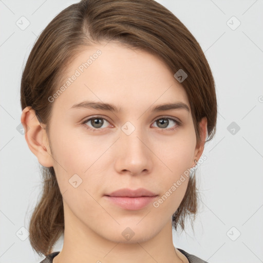 Neutral white young-adult female with medium  brown hair and brown eyes