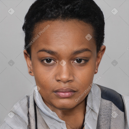 Neutral black young-adult female with short  black hair and brown eyes