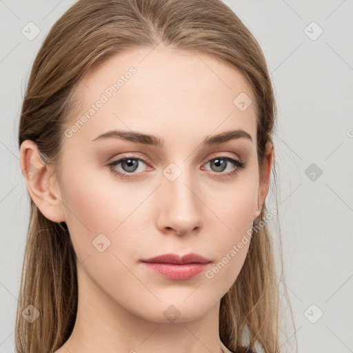 Neutral white young-adult female with long  brown hair and grey eyes