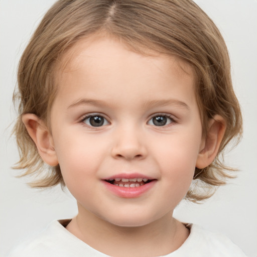 Joyful white child female with medium  brown hair and brown eyes