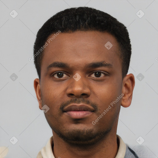 Neutral black young-adult male with short  black hair and brown eyes