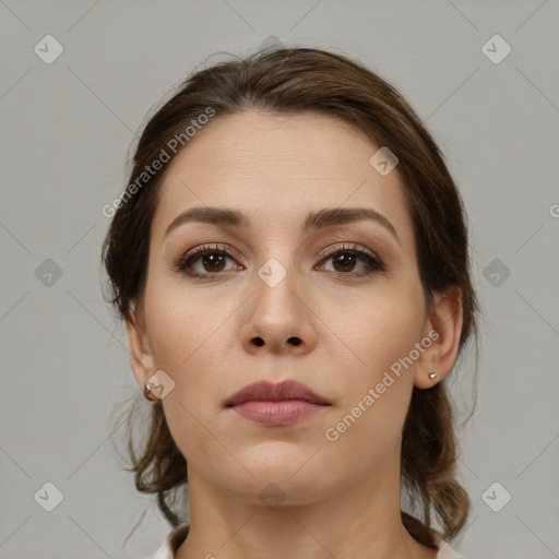 Neutral white young-adult female with medium  brown hair and brown eyes