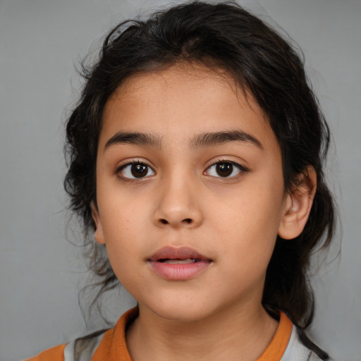 Neutral latino child female with medium  brown hair and brown eyes