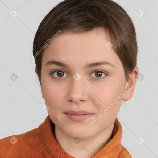 Neutral white young-adult female with short  brown hair and brown eyes