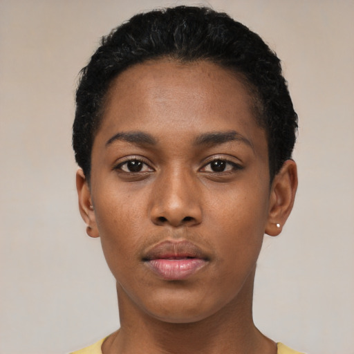 Neutral black young-adult female with short  black hair and brown eyes