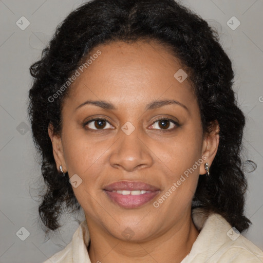 Joyful black adult female with medium  brown hair and brown eyes