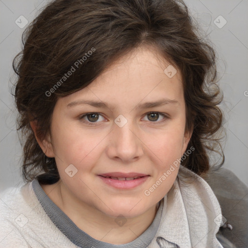 Joyful white child female with medium  brown hair and brown eyes