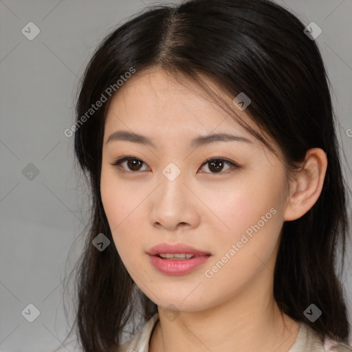 Neutral asian young-adult female with medium  brown hair and brown eyes