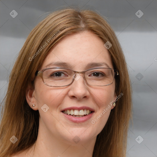 Joyful white adult female with medium  brown hair and blue eyes