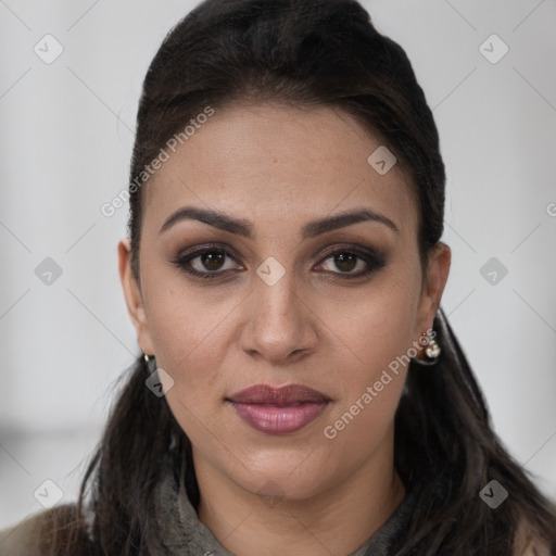 Joyful white young-adult female with long  brown hair and brown eyes