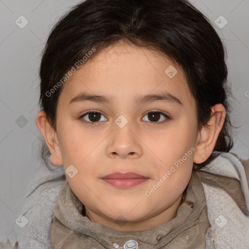 Joyful white child female with medium  brown hair and brown eyes