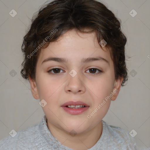 Joyful white child female with short  brown hair and brown eyes