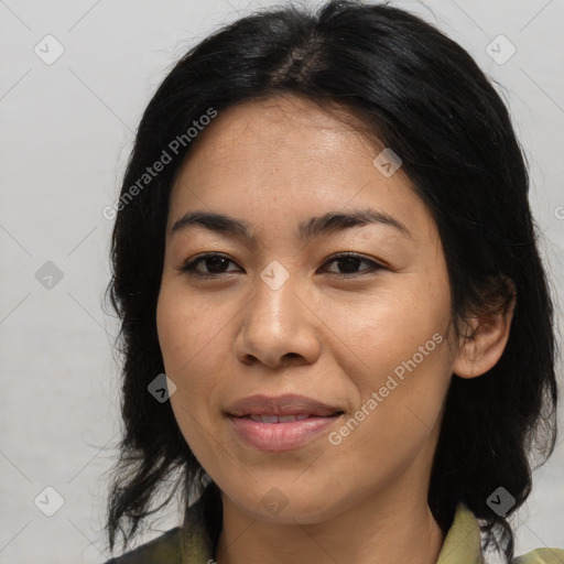 Joyful asian young-adult female with medium  brown hair and brown eyes