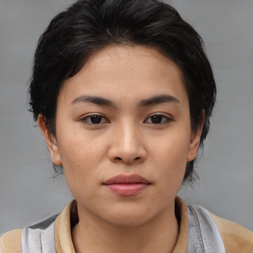 Neutral asian young-adult female with medium  brown hair and brown eyes