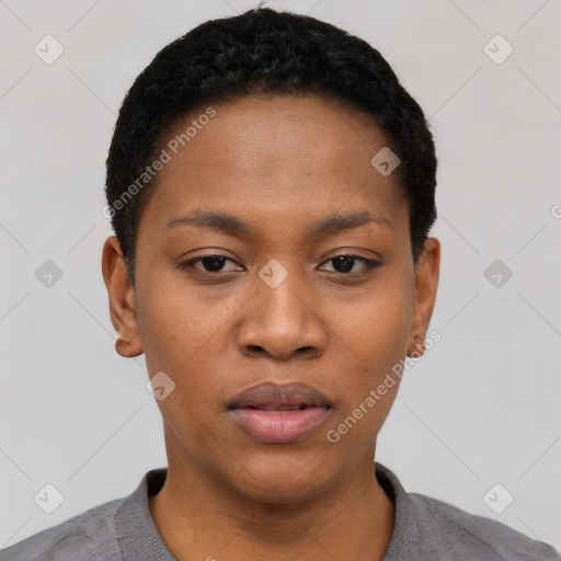 Neutral black young-adult female with short  black hair and brown eyes