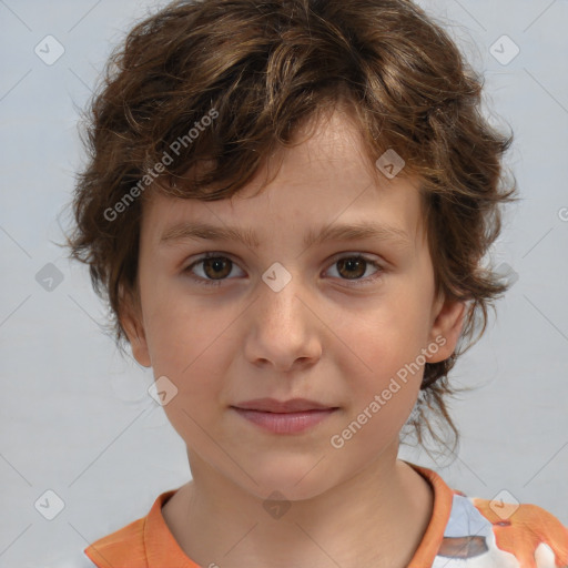 Joyful white child female with medium  brown hair and brown eyes