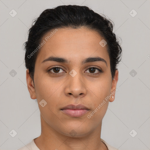 Neutral latino young-adult female with short  black hair and brown eyes