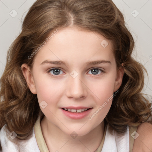 Joyful white child female with medium  brown hair and grey eyes