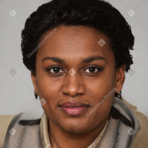 Joyful latino young-adult female with short  black hair and brown eyes