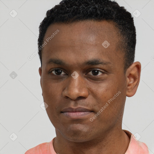 Neutral black young-adult male with short  black hair and brown eyes