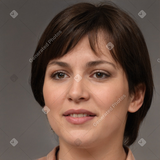 Joyful white young-adult female with medium  brown hair and brown eyes