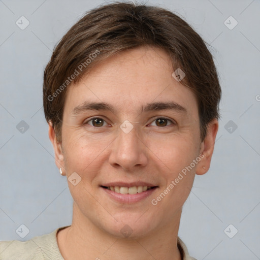 Joyful white young-adult female with short  brown hair and brown eyes