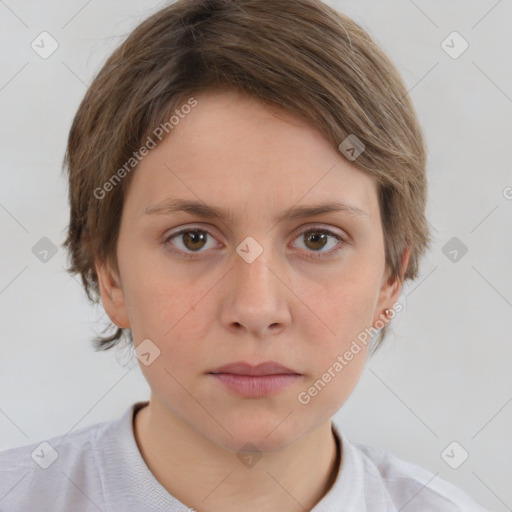 Neutral white young-adult female with short  brown hair and brown eyes