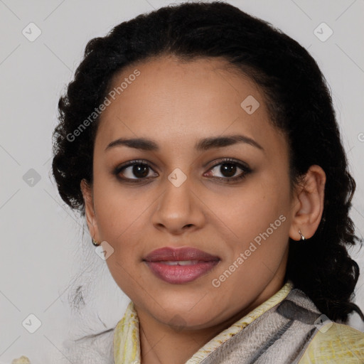 Joyful latino young-adult female with medium  black hair and brown eyes