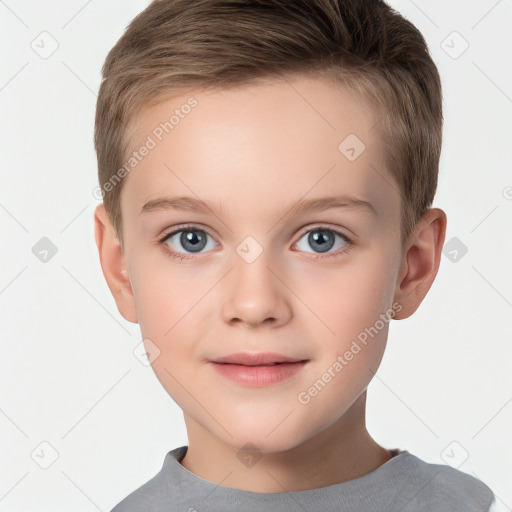 Joyful white child female with short  brown hair and brown eyes