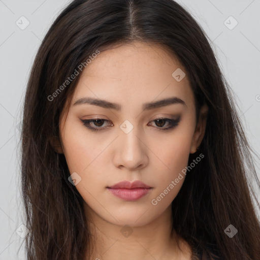 Neutral white young-adult female with long  brown hair and brown eyes