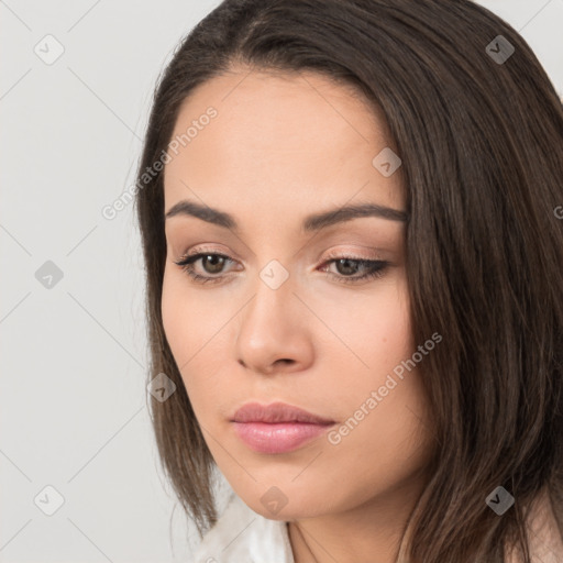 Neutral white young-adult female with long  brown hair and brown eyes